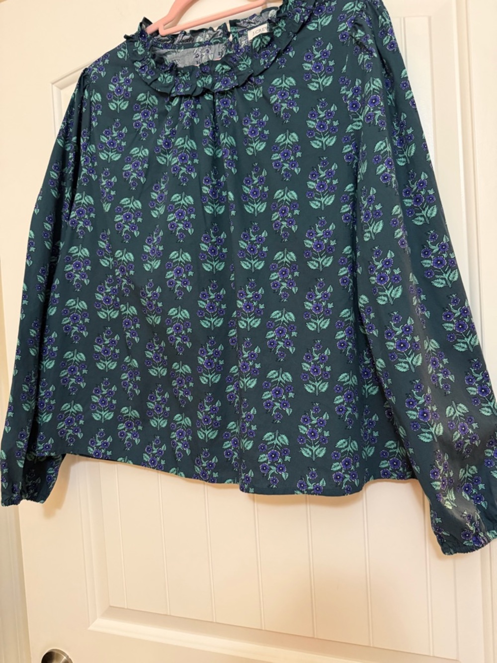 J. Crew Green & Pyrple Floral Ruffle Collar Long-Sleeve Blouse Sz. XXL
